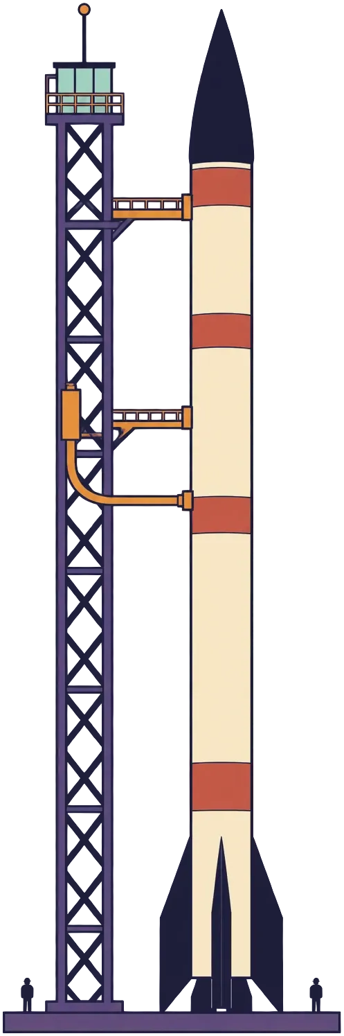 A rocket on its gantry on the roof of the vertical city, pointing at the sun.